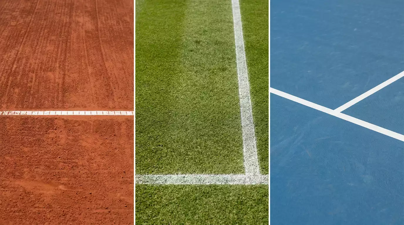 Tři typy tenisových povrchů — antuka, tráva a hard court